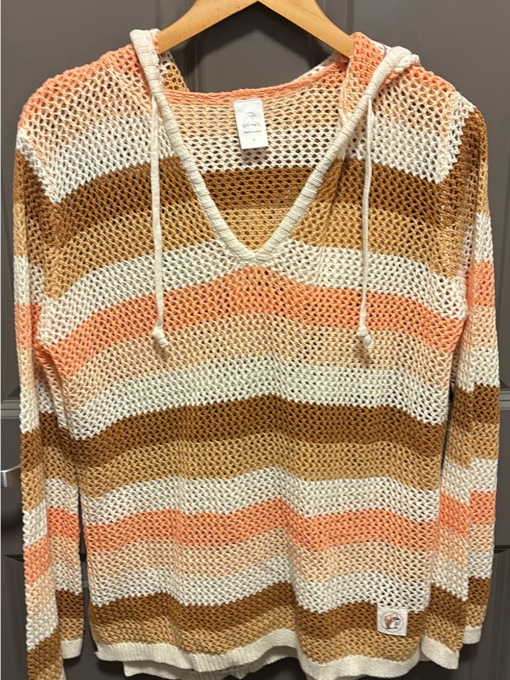 Buc-ees Striped Hooded Open-Knit Coverup in Cream, Peach & Brown